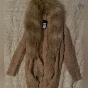 Guess Cozy Faux Fur Trim Beige Knit Cardigan
